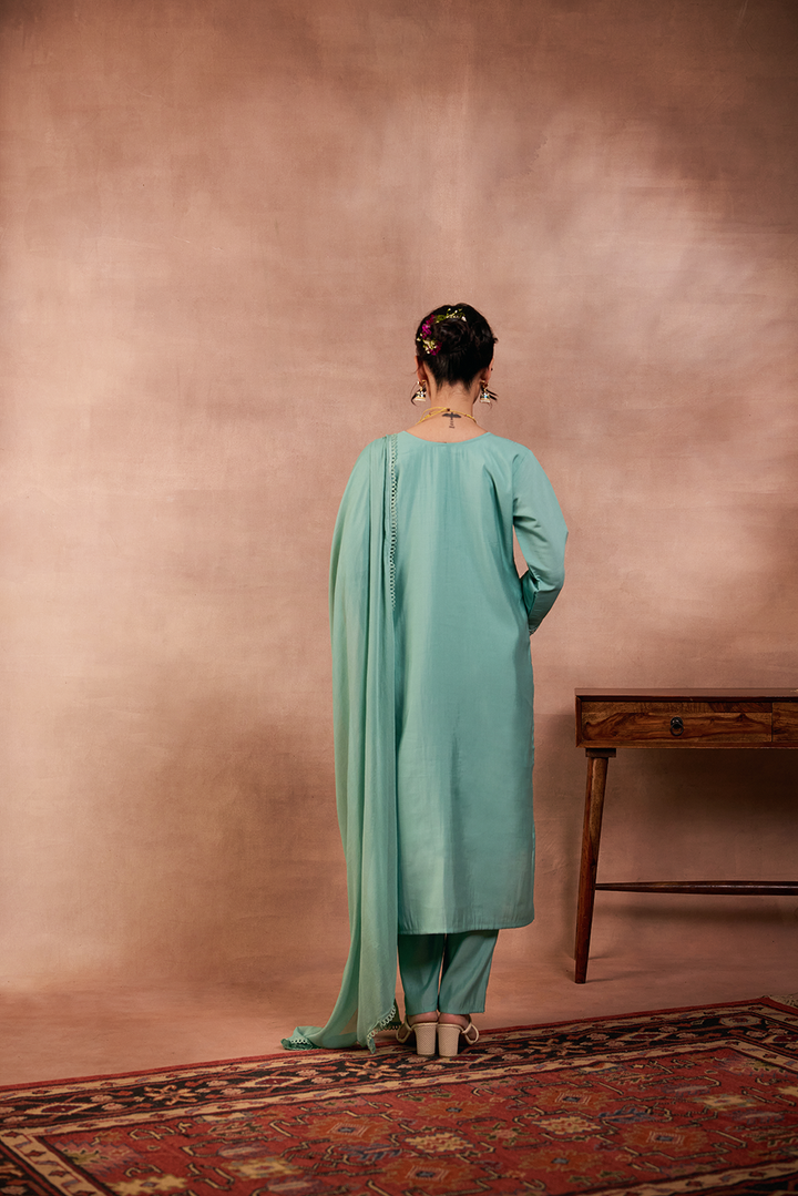Green Silk Suit Set with Zardosi 