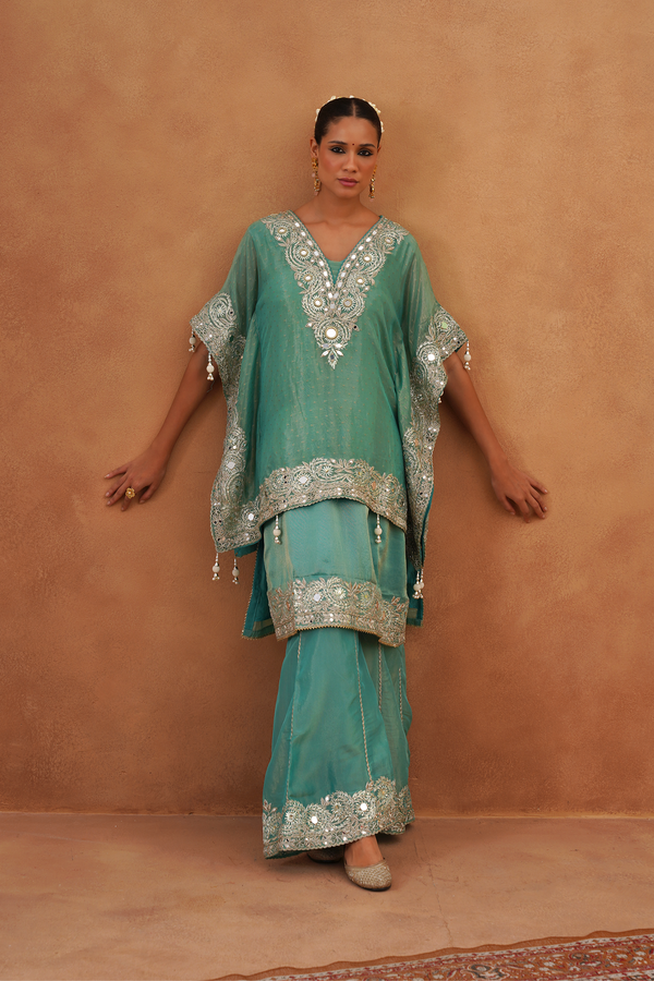 Turquoise Mustard Caramel Tissue Kaftan