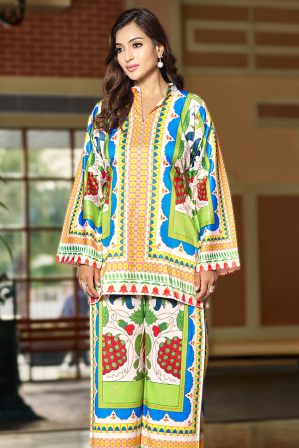 Printed Satin Co-Ord Set with Fruity Motifs