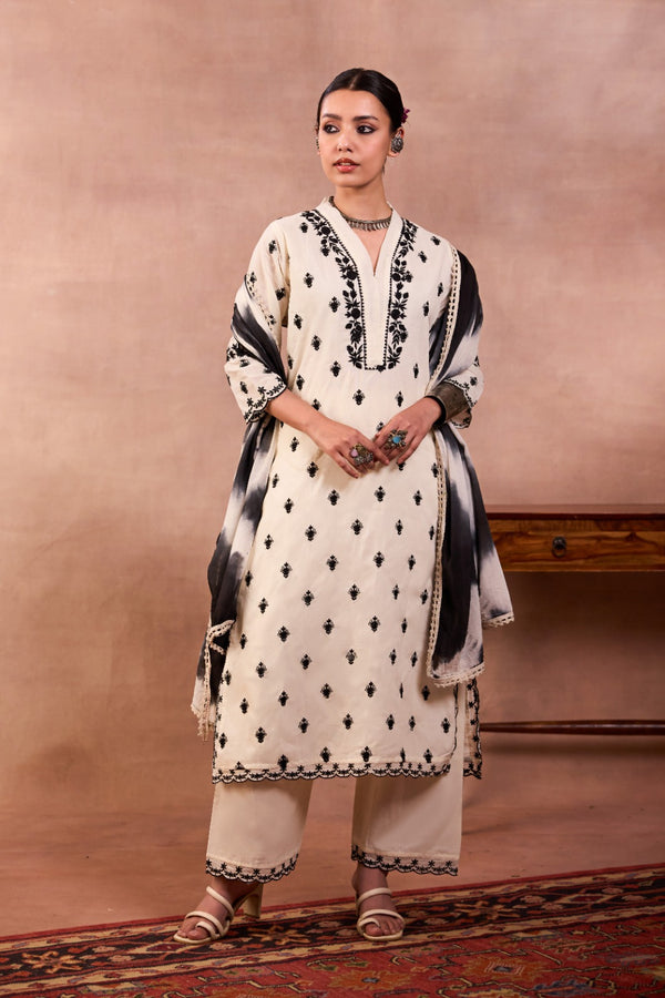Pure Mal Cotton Suit Set with Black Thread Pakistani Embroidery