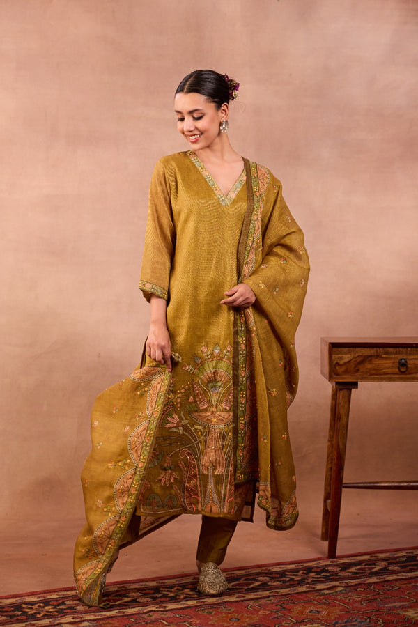 Mustard Linen Suit Set with Kalamkari Print & Knotted Detailing